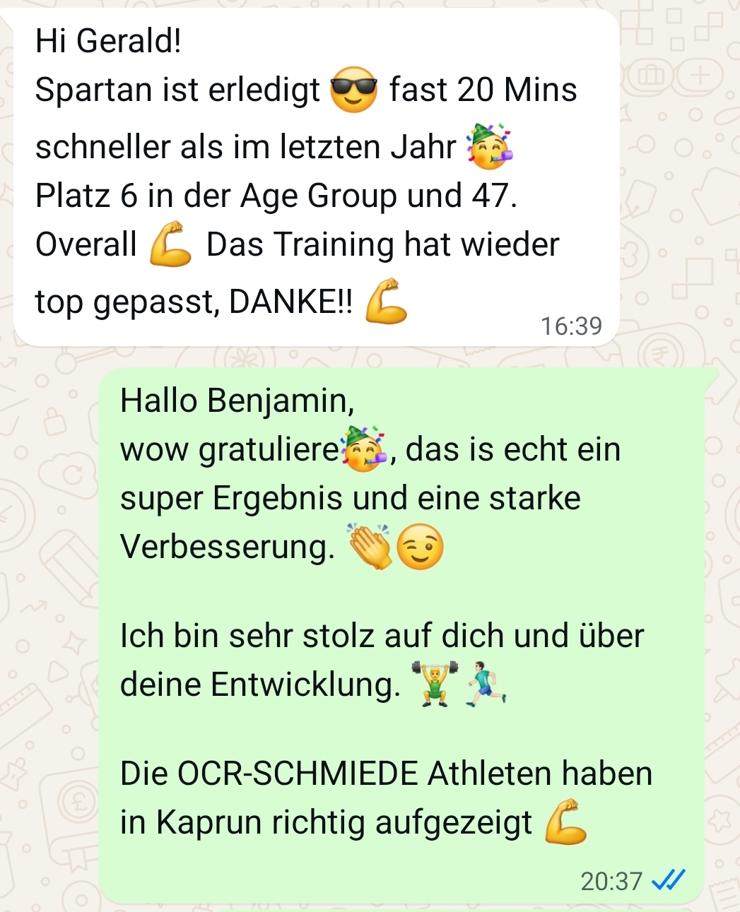 WhatsApp Nachricht eines OCR-Schmiede Athleten nach erfolgreichem Spartan Race in Kaprun